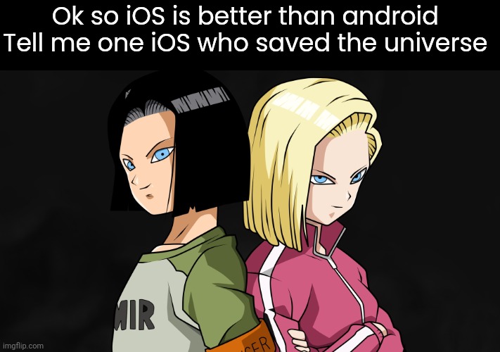 Android 17 and Android 18 | Ok so iOS is better than android 
Tell me one iOS who saved the universe | image tagged in android 17 and android 18 | made w/ Imgflip meme maker