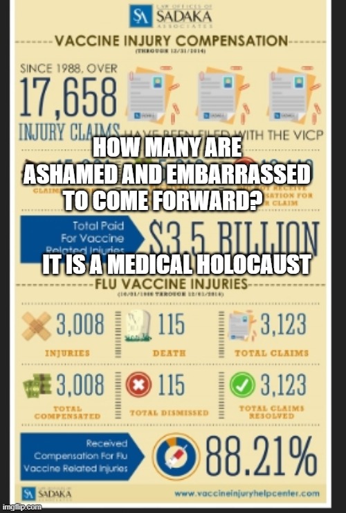 Vaccine injury | HOW MANY ARE ASHAMED AND EMBARRASSED TO COME FORWARD? IT IS A MEDICAL HOLOCAUST | image tagged in vaccine injury | made w/ Imgflip meme maker