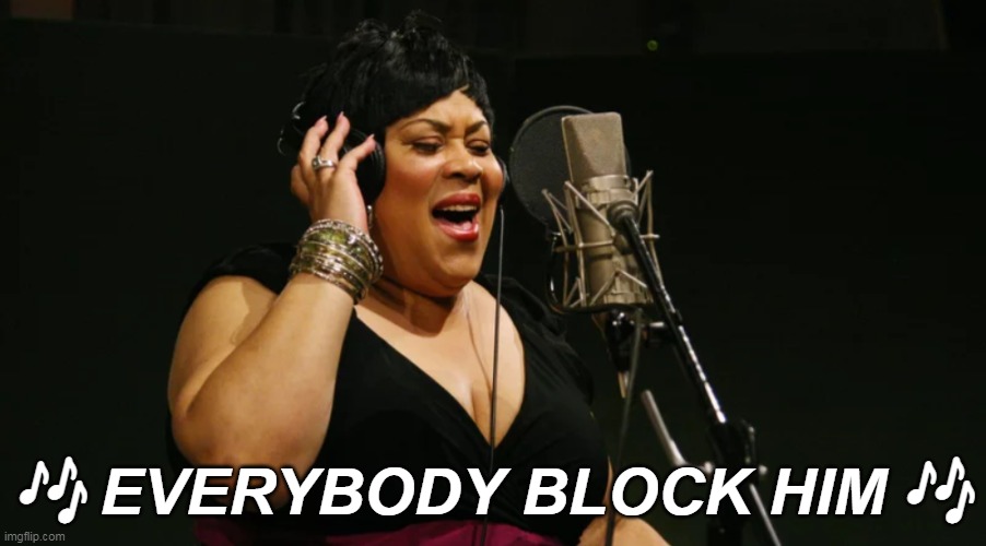 Martha Wash C&C Music Factory | 🎶 EVERYBODY BLOCK HIM 🎶 | image tagged in martha wash,blocked,cnc music factory | made w/ Imgflip meme maker