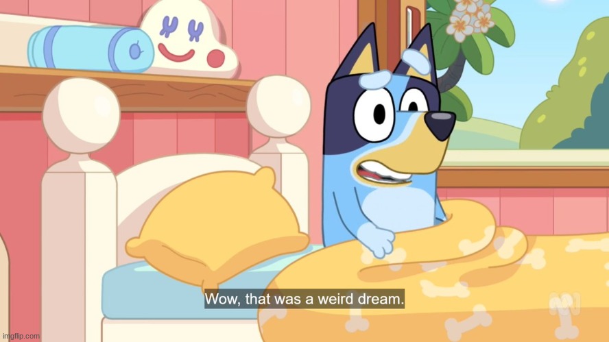 Can you guess what dream Bluey had? (wrong answers only) | image tagged in wow that was a weird dream,bluey,wrong answers only | made w/ Imgflip meme maker