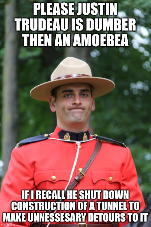 Frowning Mountie | PLEASE JUSTIN TRUDEAU IS DUMBER THEN AN AMOEBEA IF I RECALL HE SHUT DOWN CONSTRUCTION OF A TUNNEL TO MAKE UNNESSESARY DETOURS TO IT | image tagged in frowning mountie | made w/ Imgflip meme maker