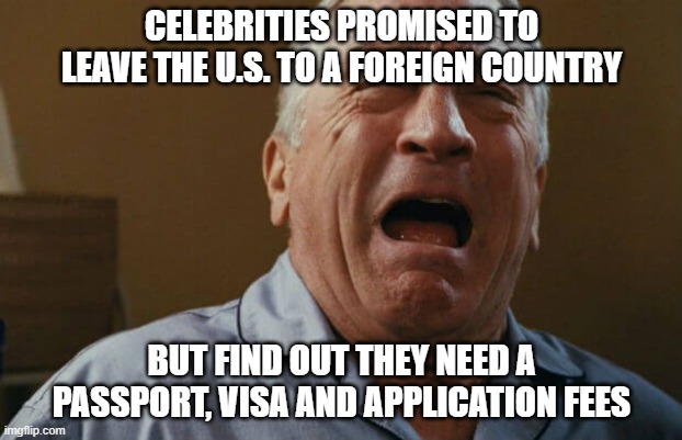 deniro crying | CELEBRITIES PROMISED TO LEAVE THE U.S. TO A FOREIGN COUNTRY; BUT FIND OUT THEY NEED A PASSPORT, VISA AND APPLICATION FEES | image tagged in deniro crying | made w/ Imgflip meme maker