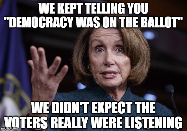 Good old Nancy Pelosi | WE KEPT TELLING YOU "DEMOCRACY WAS ON THE BALLOT"; WE DIDN'T EXPECT THE VOTERS REALLY WERE LISTENING | image tagged in good old nancy pelosi | made w/ Imgflip meme maker