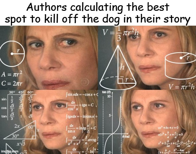 WHY? WHY? | Authors calculating the best spot to kill off the dog in their story | image tagged in calculating meme | made w/ Imgflip meme maker