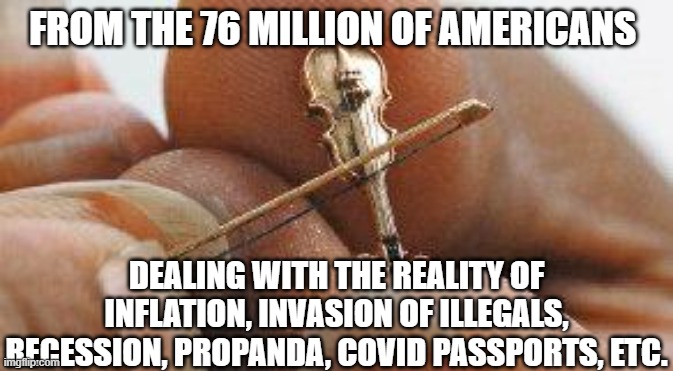 Worlds smallest violin  | FROM THE 76 MILLION OF AMERICANS DEALING WITH THE REALITY OF INFLATION, INVASION OF ILLEGALS, RECESSION, PROPANDA, COVID PASSPORTS, ETC. | image tagged in worlds smallest violin | made w/ Imgflip meme maker