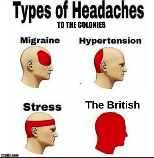 Headaches to the Colonies | TO THE COLONIES; The British | image tagged in types of headaches meme | made w/ Imgflip meme maker