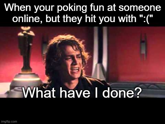 So much Regret. | When your poking fun at someone online, but they hit you with ":("; What have I done? | image tagged in anakin what have i done,memes,funny,sad but true,relatable memes | made w/ Imgflip meme maker