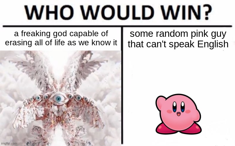 kirbeh | a freaking god capable of erasing all of life as we know it; some random pink guy that can't speak English | image tagged in memes,who would win,kirby,god,funny,true | made w/ Imgflip meme maker