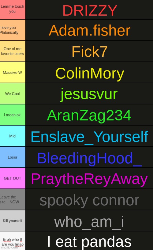 honest | DRIZZY; Adam.fisher; Fick7; ColinMory; jesusvur; AranZag234; Enslave_Yourself; BleedingHood_; PraytheReyAway; spooky connor; who_am_i; I eat pandas | image tagged in ultimate tierlist made by republic of texas | made w/ Imgflip meme maker