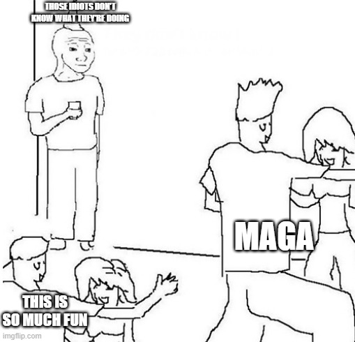 Guy in corner of party | THOSE IDIOTS DON'T KNOW WHAT THEY'RE DOING; MAGA; THIS IS SO MUCH FUN | image tagged in guy in corner of party | made w/ Imgflip meme maker