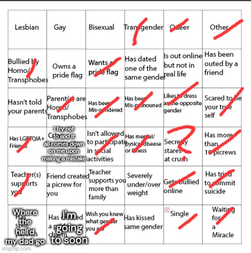 LGBTQIA+ Bingo!! | I try not to and it all comes down on me upon making a mistake; Where the hell'd my dad go; I'm going to soon | image tagged in lgbtqia bingo | made w/ Imgflip meme maker