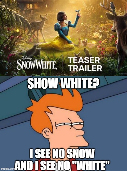 yes i made a racist joke | SHOW WHITE? I SEE NO SNOW
AND I SEE NO "WHITE" | image tagged in memes,futurama fry | made w/ Imgflip meme maker