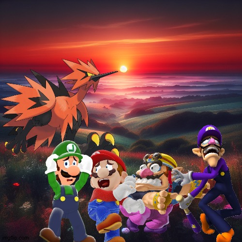 Wario and Friends dies by a provoked Galarian Zapdos while having a adventure at the serene landscape | image tagged in image of a sunrise over a serene landscape,wario dies,super mario,waluigi,pokemon,crossover | made w/ Imgflip meme maker