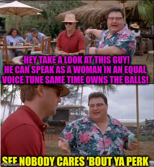 -Ya skill is useless. | -HEY TAKE A LOOK AT THIS GUY! HE CAN SPEAK AS A WOMAN IN AN EQUAL VOICE TUNE SAME TIME OWNS THE BALLS! SEE NOBODY CARES 'BOUT YA PERK | image tagged in memes,see nobody cares,same voice actor,gender equality,woman yelling at cat,public speaking | made w/ Imgflip meme maker