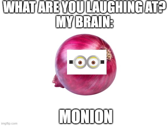 real | WHAT ARE YOU LAUGHING AT?
MY BRAIN:; MONION | image tagged in blank white template | made w/ Imgflip meme maker