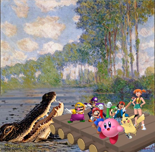 Wario and Friends dies by a Giant gator while rafting in a river | image tagged in landscape,super mario,pokemon,kirby,crossover,wario dies | made w/ Imgflip meme maker