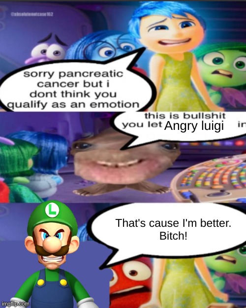 sorry pancreatic cancer but I don’t think you qualify as an emot | Angry luigi; That's cause I'm better.
Bitch! | image tagged in sorry pancreatic cancer but i don t think you qualify as an emot | made w/ Imgflip meme maker