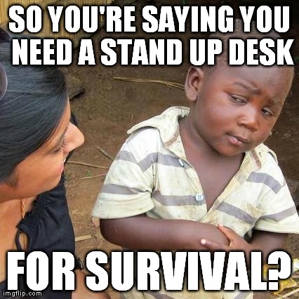 Stand Up Desk Marketing Win | SO YOU'RE SAYING YOU NEED A STAND UP DESK FOR SURVIVAL? | image tagged in memes,third world skeptical kid | made w/ Imgflip meme maker