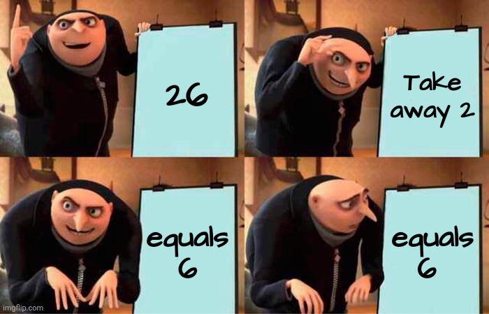 Gru's Plan Meme | 26 Take away 2 equals 6 equals 6 | image tagged in memes,gru's plan | made w/ Imgflip meme maker