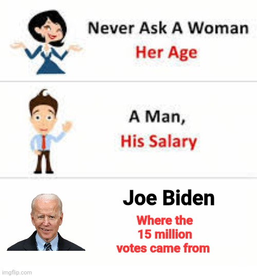 I really want to know | Joe Biden; Where the 15 million votes came from | image tagged in never ask a woman her age,cheaters,cheating,democrats,democratting,they're the same picture | made w/ Imgflip meme maker