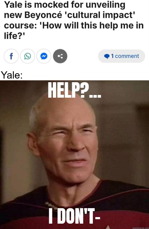 Why the eff would we do that? | HELP?... I DON'T- | image tagged in dafuq picard,beyonce,university | made w/ Imgflip meme maker