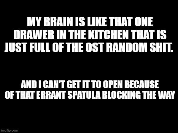 My Brain | MY BRAIN IS LIKE THAT ONE DRAWER IN THE KITCHEN THAT IS JUST FULL OF THE OST RANDOM SHIT. AND I CAN'T GET IT TO OPEN BECAUSE OF THAT ERRANT SPATULA BLOCKING THE WAY | image tagged in brain,kitchen drawer | made w/ Imgflip meme maker