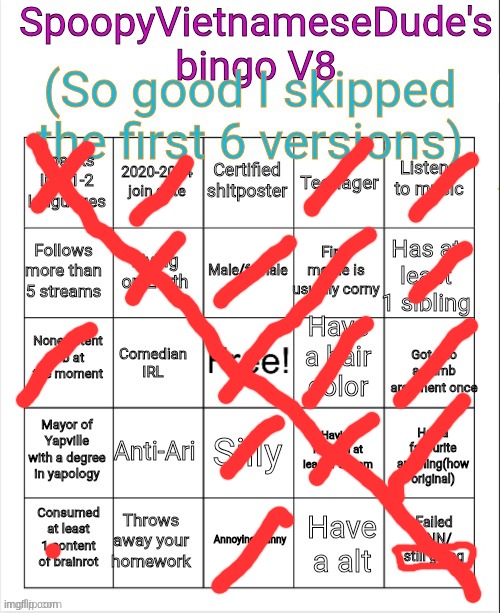 SpoopyVietnameseDude's bingo V8 | image tagged in spoopyvietnamesedude's bingo v8 | made w/ Imgflip meme maker