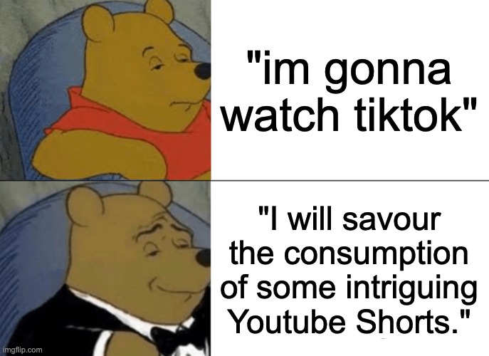 a delicasy | "im gonna watch tiktok"; "I will savour the consumption of some intriguing Youtube Shorts." | image tagged in memes,tuxedo winnie the pooh,funny,funny memes,youtube shorts,tiktok sucks | made w/ Imgflip meme maker