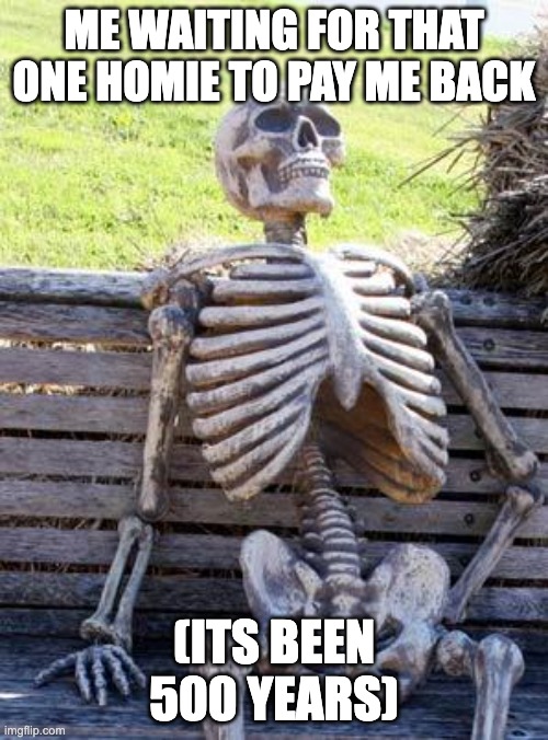 im probably never getting it back | ME WAITING FOR THAT ONE HOMIE TO PAY ME BACK; (ITS BEEN 500 YEARS) | image tagged in memes,waiting skeleton,that one friend,skeleton,dank memes,money | made w/ Imgflip meme maker