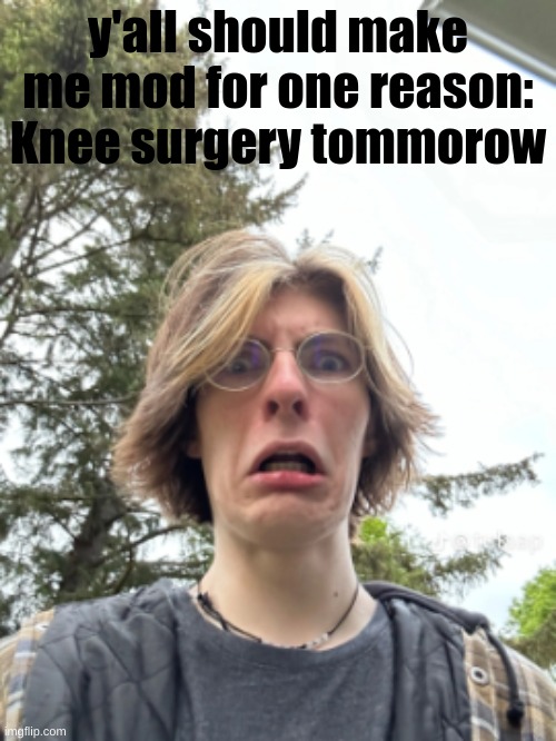 Man disgusted | y'all should make me mod for one reason: Knee surgery tommorow | image tagged in man disgusted | made w/ Imgflip meme maker