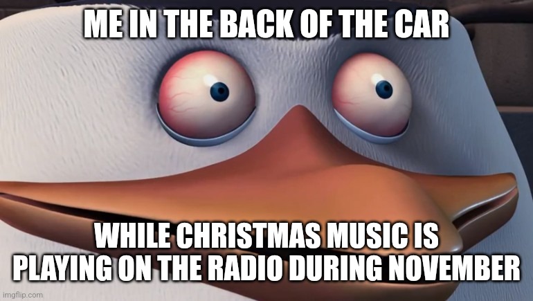 No Christmas music before December | ME IN THE BACK OF THE CAR; WHILE CHRISTMAS MUSIC IS PLAYING ON THE RADIO DURING NOVEMBER | image tagged in penguins of madagascar skipper red eyes | made w/ Imgflip meme maker