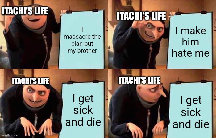 Gru's Plan | ITACHI'S LIFE; ITACHI'S LIFE; I massacre the clan but my brother; I make him hate me; ITACHI'S LIFE; ITACHI'S LIFE; I get sick and die; I get sick and die | image tagged in memes,gru's plan | made w/ Imgflip meme maker