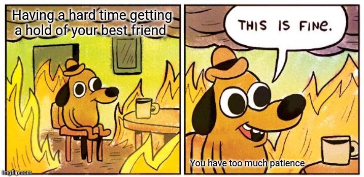 This Is Fine | Having a hard time getting a hold of your best friend; You have too much patience | image tagged in memes,this is fine | made w/ Imgflip meme maker