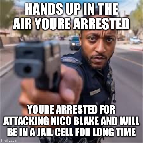 HANDS UP IN THE AIR YOURE ARRESTED YOURE ARRESTED FOR ATTACKING NICO BLAKE AND WILL BE IN A JAIL CELL FOR LONG TIME | made w/ Imgflip meme maker