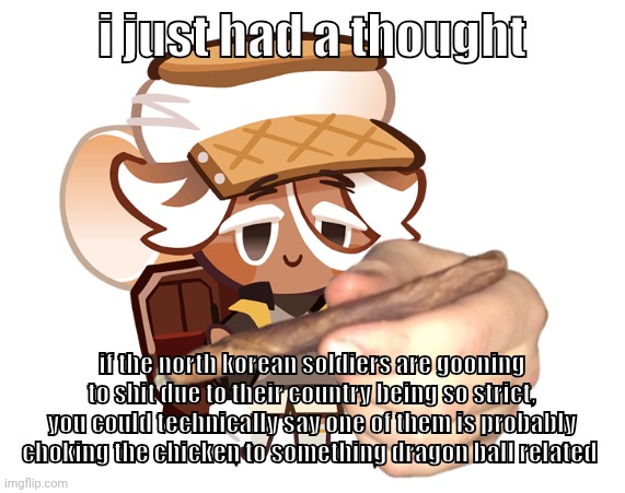 smore cookie with a blunt | i just had a thought; if the north korean soldiers are gooning to shit due to their country being so strict, you could technically say one of them is probably choking the chicken to something dragon ball related | image tagged in smore cookie with a blunt | made w/ Imgflip meme maker