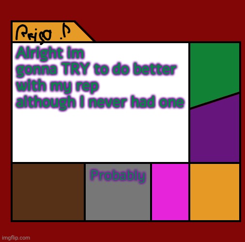 Reijo P | Alright im gonna TRY to do better with my rep although I never had one; Probably | image tagged in reijo p | made w/ Imgflip meme maker