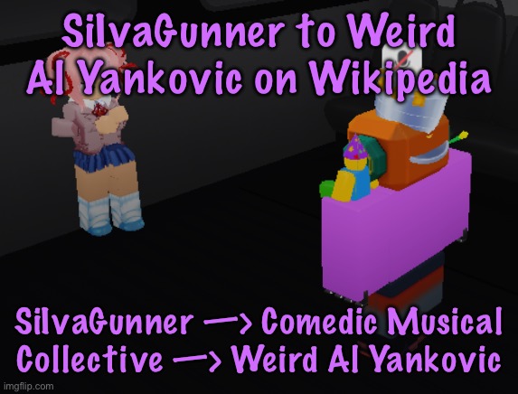 well that was fast | SiIvaGunner to Weird Al Yankovic on Wikipedia; SiIvaGunner —> Comedic Musical Collective —> Weird Al Yankovic | image tagged in why is natsuki in item asylum,cinnabox announcement | made w/ Imgflip meme maker