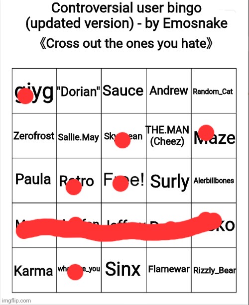 Controversial user bingo (updated version) - by Emosnake | image tagged in controversial user bingo updated version - by emosnake | made w/ Imgflip meme maker