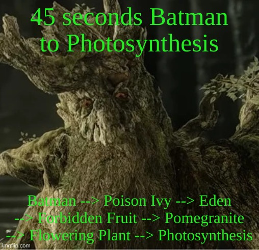 it took 5 pages between, pretty good | 45 seconds Batman to Photosynthesis; Batman --> Poison Ivy --> Eden --> Forbidden Fruit --> Pomegranite --> Flowering Plant --> Photosynthesis | image tagged in hecate | made w/ Imgflip meme maker