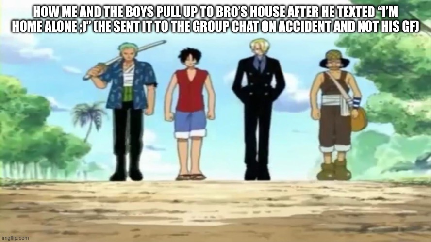 We all know it was on accident | HOW ME AND THE BOYS PULL UP TO BRO’S HOUSE AFTER HE TEXTED “I’M HOME ALONE ;)” (HE SENT IT TO THE GROUP CHAT ON ACCIDENT AND NOT HIS GF) | image tagged in walk to arlong park | made w/ Imgflip meme maker