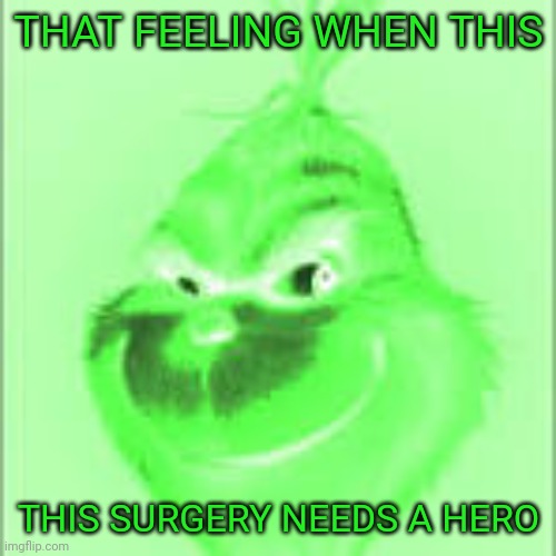 purple grinch | THAT FEELING WHEN THIS; THIS SURGERY NEEDS A HERO | image tagged in purple grinch | made w/ Imgflip meme maker