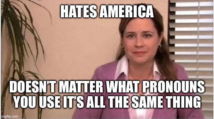 Office Pam | HATES AMERICA DOESN’T MATTER WHAT PRONOUNS YOU USE IT’S ALL THE SAME THING | image tagged in office pam | made w/ Imgflip meme maker