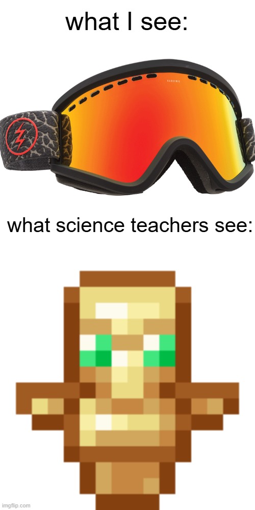 like, you can die with goggles still on | what I see:; what science teachers see: | image tagged in totem of undying,science,teacher,minecraft | made w/ Imgflip meme maker