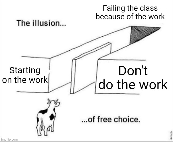 Illusion of free choice | Failing the class because of the work; Starting on the work; Don't do the work | image tagged in illusion of free choice | made w/ Imgflip meme maker