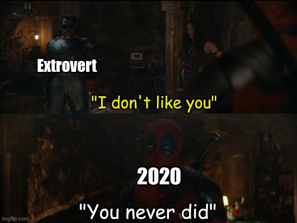 And they never will | Extrovert; "I don't like you"; 2020; "You never did" | image tagged in memes,funny,deadpool,marvel,pop culture | made w/ Imgflip meme maker