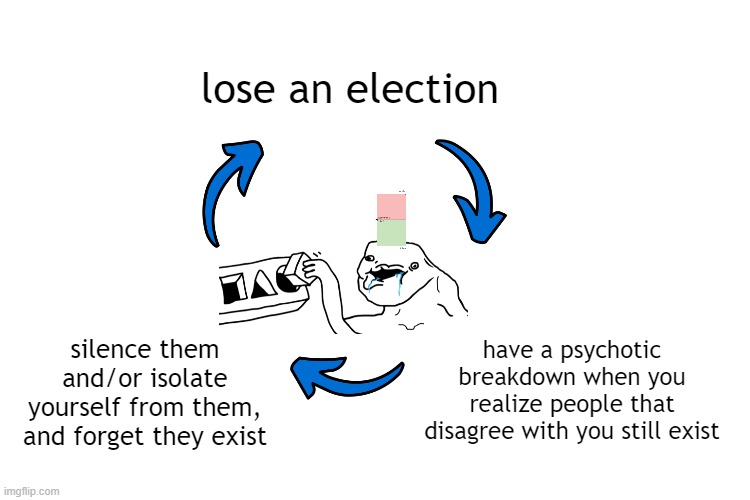 The vicious cycle | lose an election; have a psychotic breakdown when you realize people that disagree with you still exist; silence them and/or isolate yourself from them, and forget they exist | image tagged in election,leftists,cycle | made w/ Imgflip meme maker