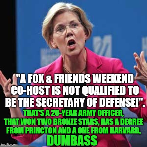 yep | "A FOX & FRIENDS WEEKEND CO-HOST IS NOT QUALIFIED TO BE THE SECRETARY OF DEFENSE!". THAT'S A 20-YEAR ARMY OFFICER, THAT WON TWO BRONZE STARS, HAS A DEGREE FROM PRINCTON AND A ONE FROM HARVARD, DUMBASS | image tagged in elizabeth warren | made w/ Imgflip meme maker