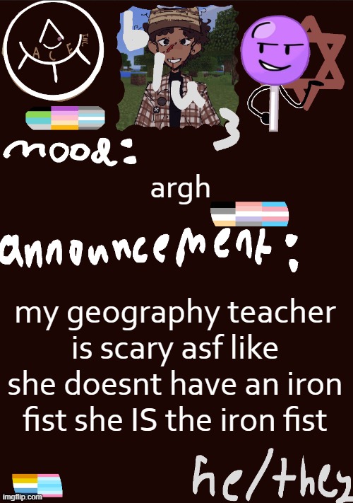 istg | argh; my geography teacher is scary asf like she doesnt have an iron fist she IS the iron fist | image tagged in blu3 s gnarly sick temp | made w/ Imgflip meme maker