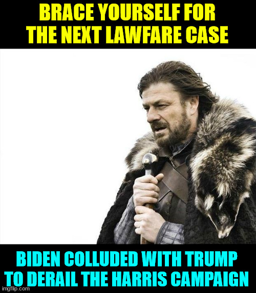 Brace Yourselves X is Coming Meme | BRACE YOURSELF FOR THE NEXT LAWFARE CASE BIDEN COLLUDED WITH TRUMP TO DERAIL THE HARRIS CAMPAIGN | image tagged in memes,brace yourselves x is coming | made w/ Imgflip meme maker