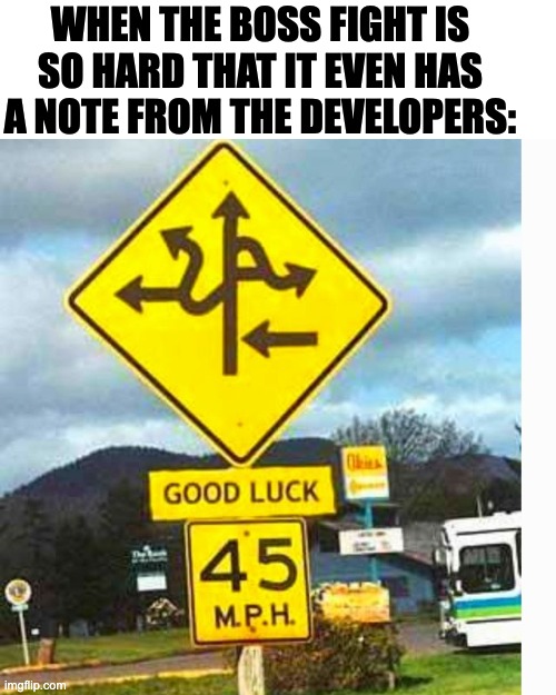 Good Luck (Titles are Hard) | WHEN THE BOSS FIGHT IS SO HARD THAT IT EVEN HAS A NOTE FROM THE DEVELOPERS: | image tagged in many crossroads,cross,road,split,path,video games | made w/ Imgflip meme maker